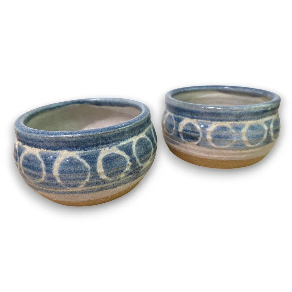 Pair of Hand Thrown Studio Pottery Stoneware Bowls Pots Blue Signed 6''